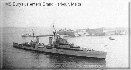 HMS Euryalus enters Grand Harbour, Malta. A 'Dido' class A.A. light cruiser. At 5,500 tons she was a small ship. These days nuclear subs have at least 2000 tons greater surface displacement! A visiting US sailor once told me he had thought Euryalus was a 'Doggone Heavy Destroyer'!