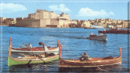 Dghaisas (the characteristic Maltese water taxis) waiting for customers in Grand Harbour. Castel St.Angelo in centre background.